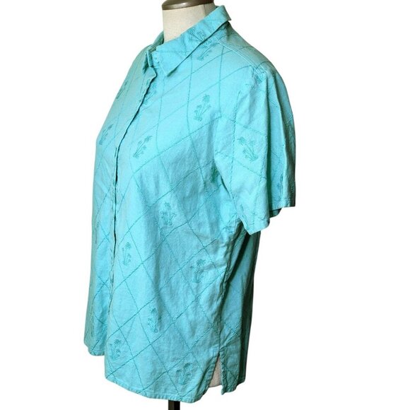 Coldwater Creek Top Womens M Blue Linen Blend Short Sleeve Button Up Palm Trees - Picture 3 of 6